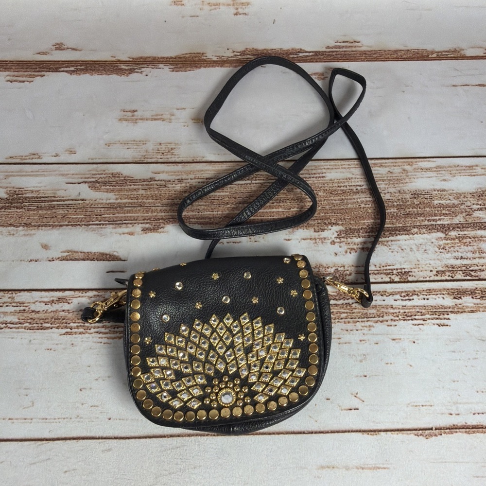 Kippys Pewter Leather Swarovski Crystal Studs Mini Crossbody Belt Pouch Bag